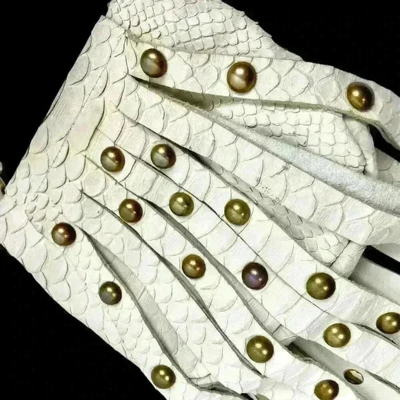 Furla Boho Chic White Leather Snakeskin Fringed Studded Crossbody Purse GlamRock - Picture 7 of 16